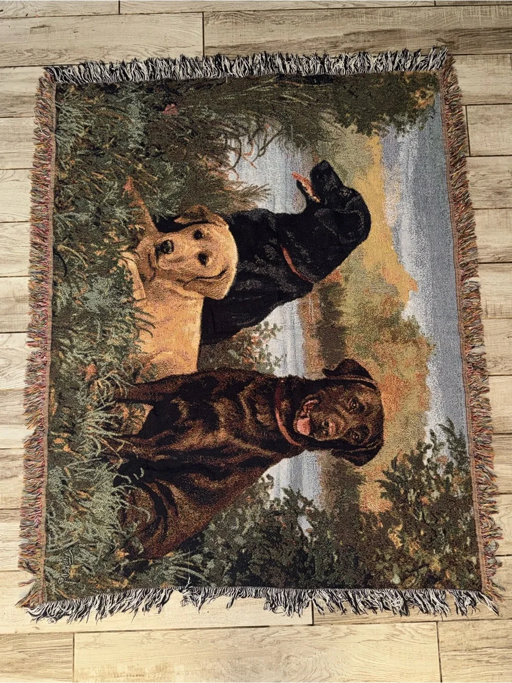 Woven Throw Blanket with Labrador Dog Scene - Brown & Green